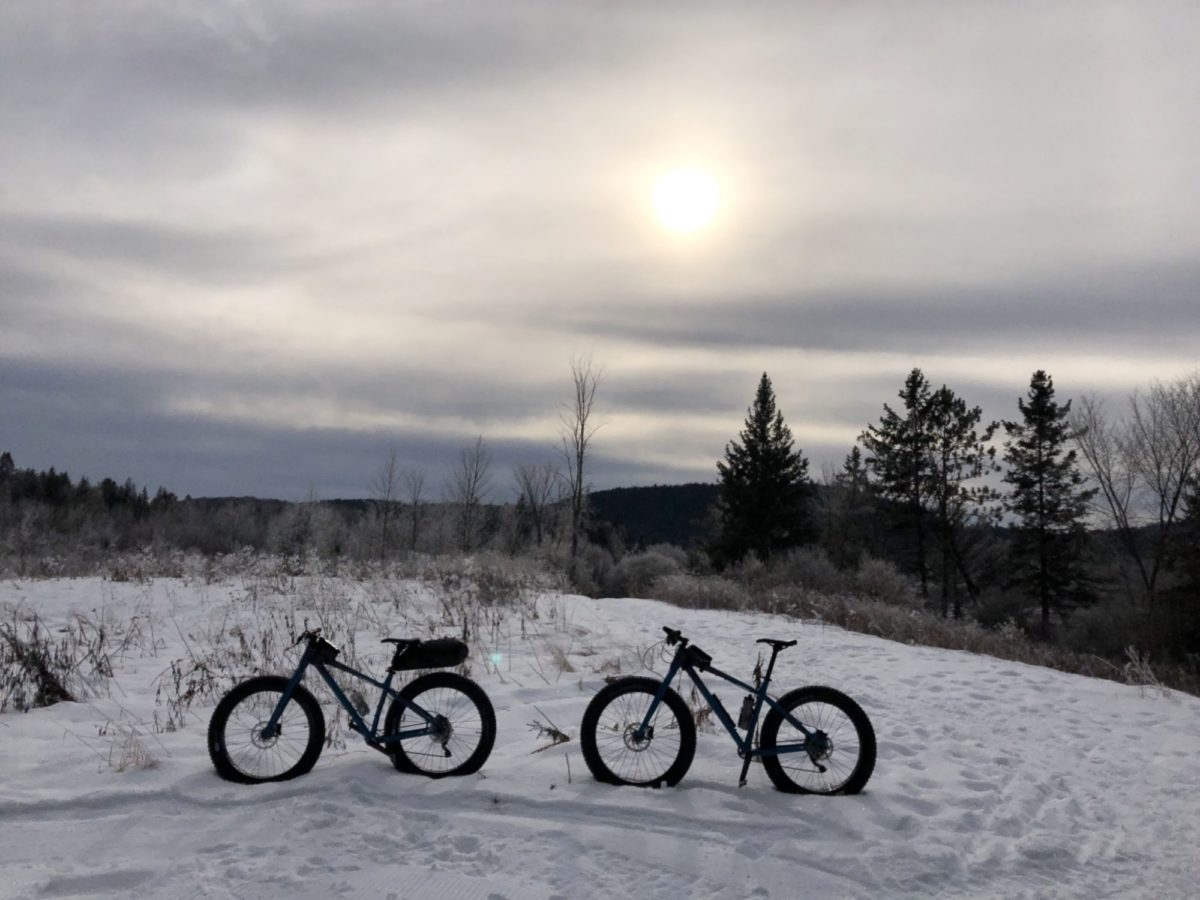 Vélos d’hiver dans un paysage enneigé.